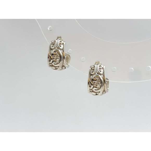Filigree Style Sterling Silver Chunky Vintage Victorian Little Hoop Earrings - Picture 3 of 10